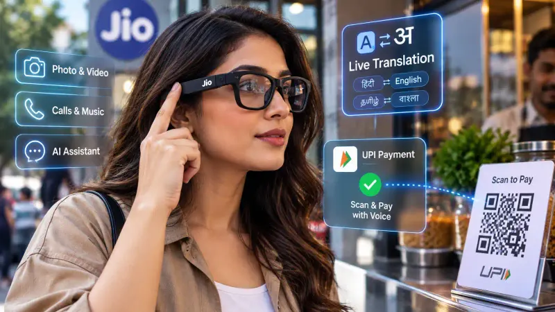 Jio AI Glasses से बोलकर करें UPI पेमेंट, 12 भाषाओं में ट्रांसलेशन: जानें JioFrames के कैमरा, कॉलिंग और AI फीचर्स