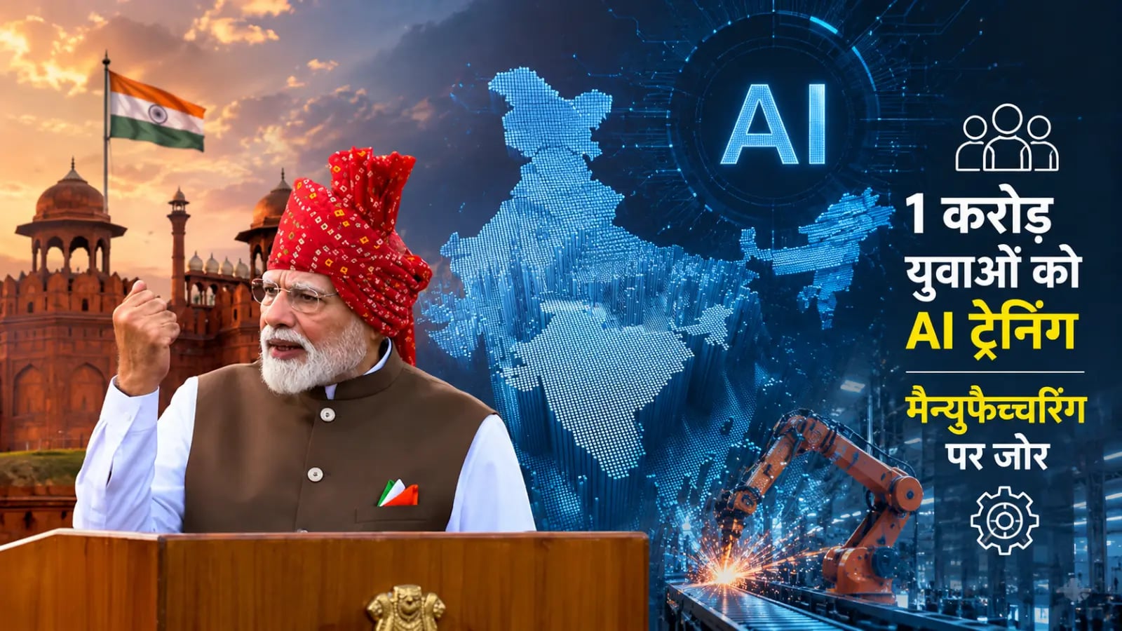PM मोदी का लाल किले से बड़ा संदेश: 1 करोड़ युवाओं को AI ट्रेनिंग, मैन्युफैक्चरिंग पर जोर