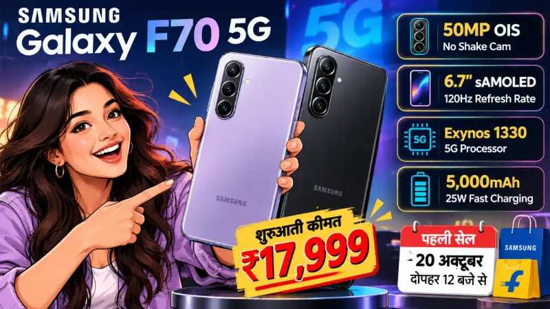 Samsung Galaxy F70 5G भारत में लॉन्च: ₹17,999 शुरुआती कीमत, 50MP OIS कैमरा और 120Hz AMOLED डिस्प्ले